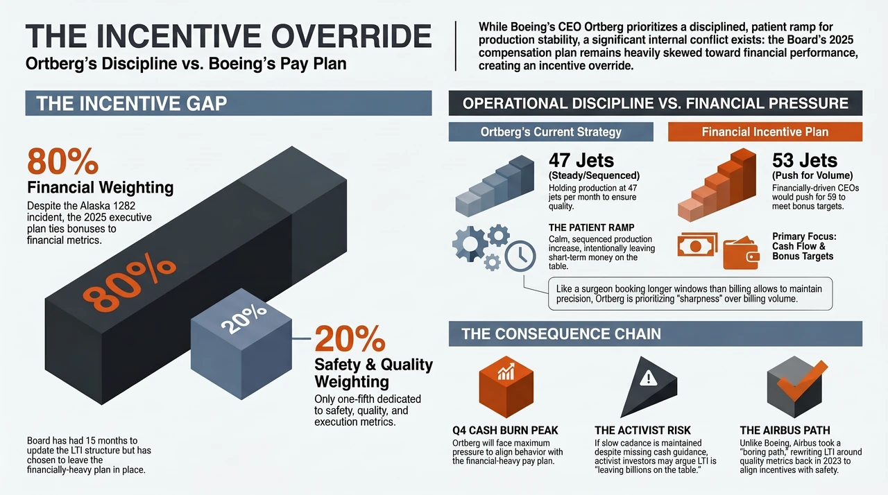 Boeing's CEO Is Fighting His Own Pay Plan — one-page infographic