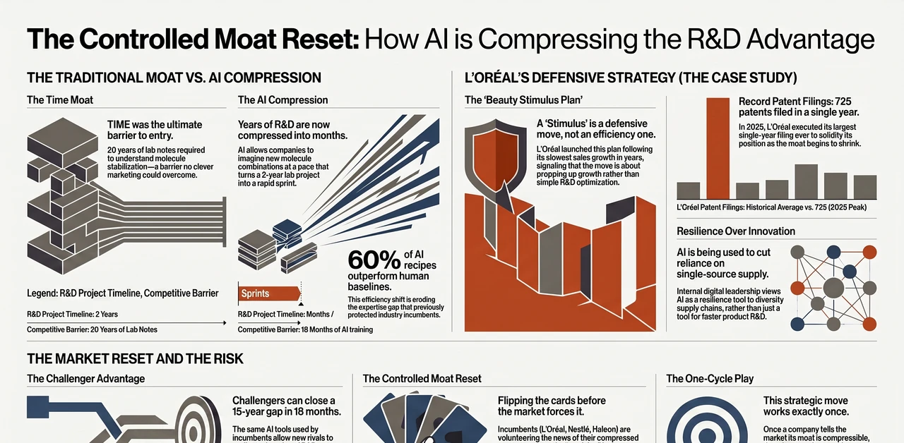 How L'Oreal and Mondelez Turned AI Into a Moat Compressor — one-page infographic
