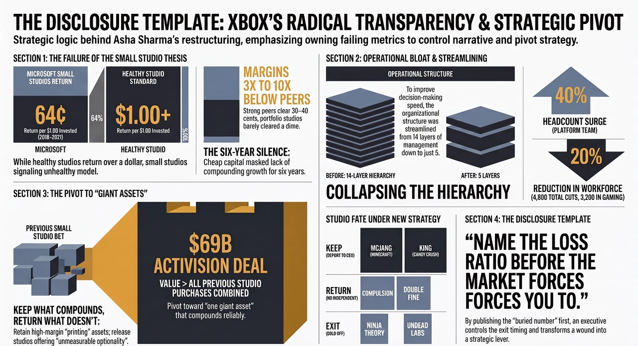 Microsoft Stopped Betting on Gaming. Read the Memo, Not the Headline. — one-page infographic