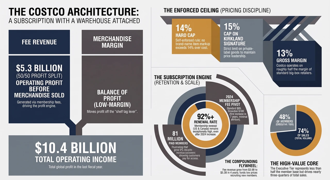 Half of Costco's Profit Arrives Before You Buy Anything — one-page infographic