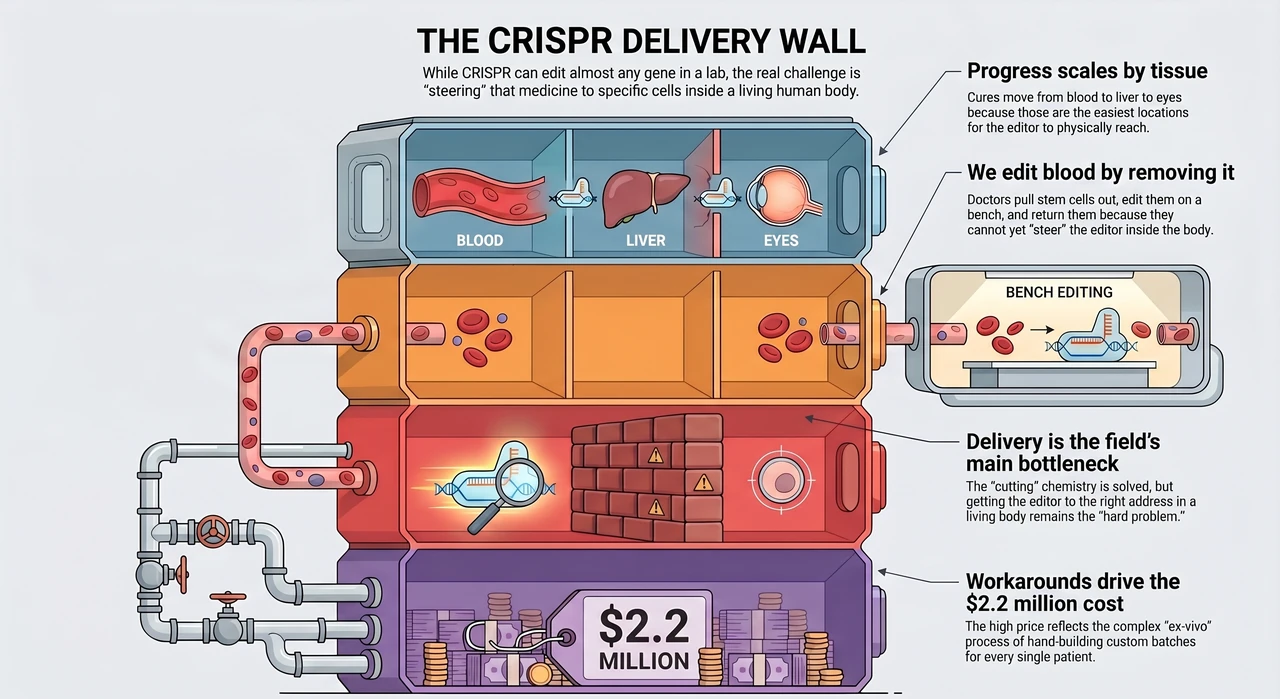 CRISPR Can Edit a Human Cell. It Still Can't Reach Most of Them. — one-page infographic