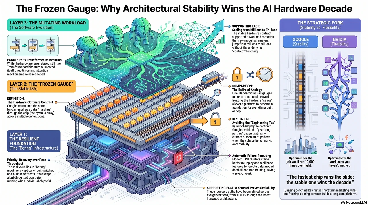 Google's TPU Moat Isn't Speed. It's Stability. — one-page infographic