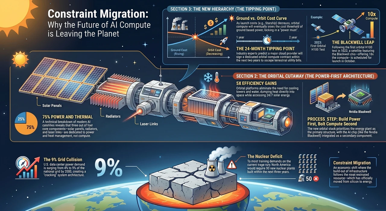 Starcloud Built a Data Center in Space. POWER Is Why. — one-page infographic