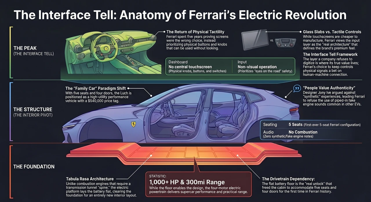 Ferrari's First EV Deleted the Touchscreen. That's the TELL. — one-page infographic