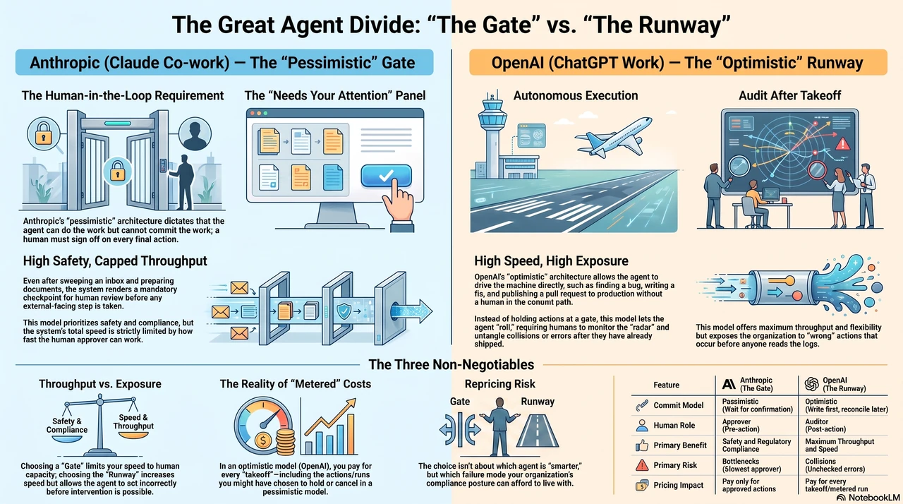 Claude Cowork vs ChatGPT Work: Same Agent, One Fatal Difference — one-page infographic