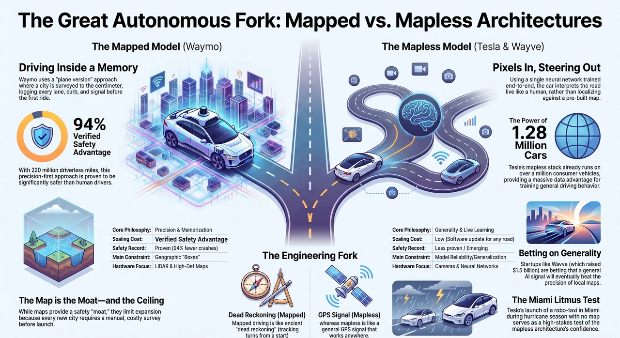 Waymo Memorizes the City. Tesla Refuses To. The Seam Is Everything. — one-page infographic