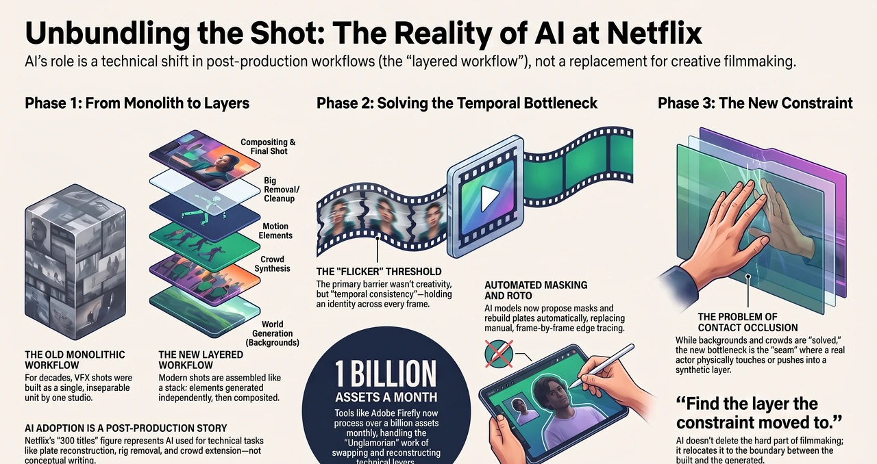 Netflix Ran AI on 300 Titles. Here's the Layer It Touched — one-page infographic