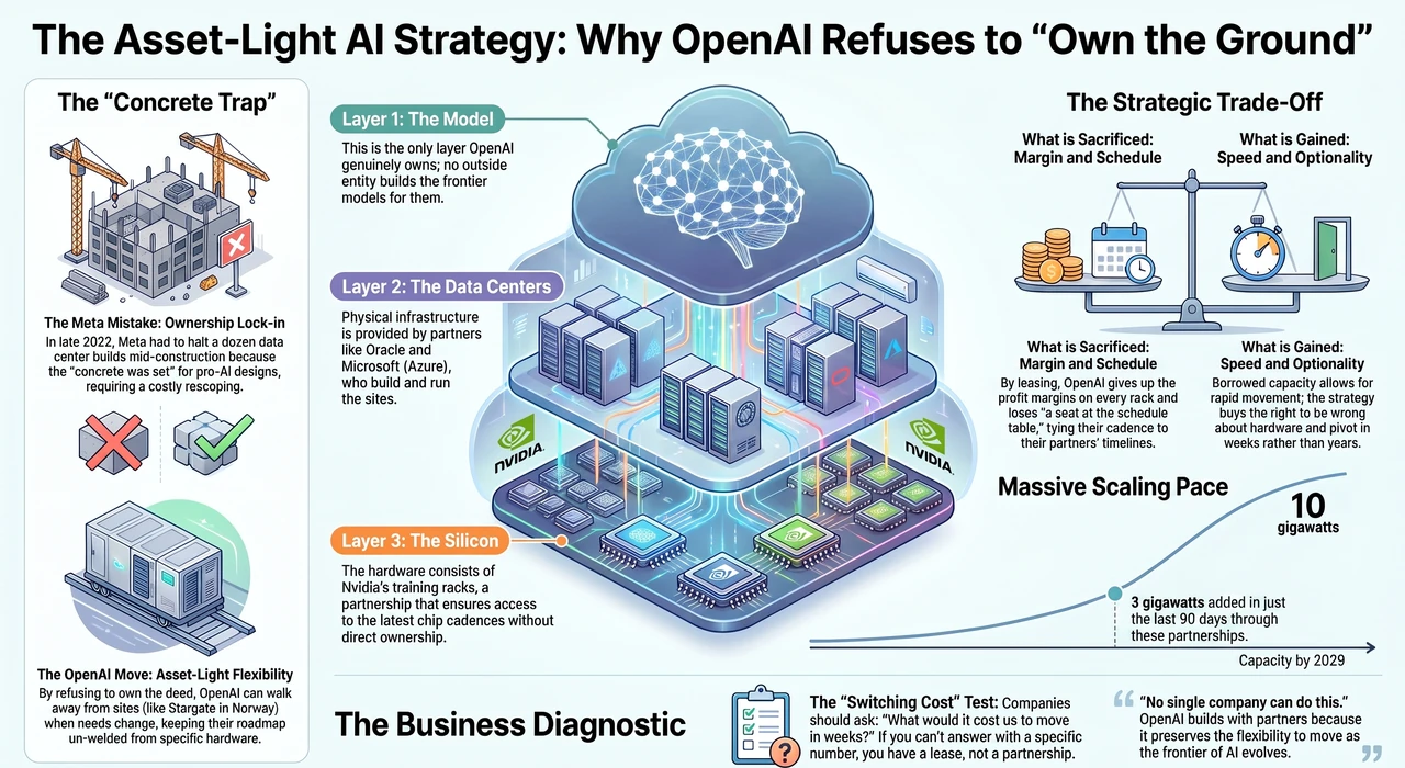 OpenAI Doesn't Own Its Own Datacenters. That's the Point. — one-page infographic