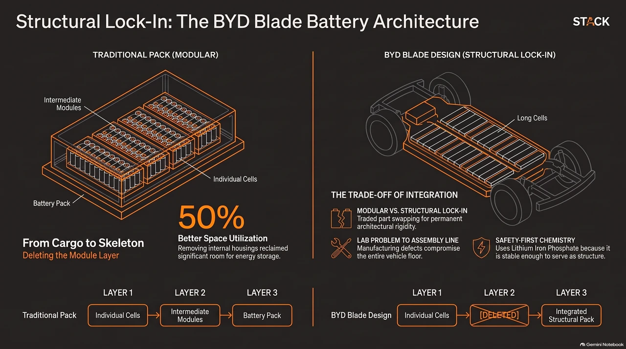 BYD Deleted a Battery Layer. Now the Factory Is the Hard Part — one-page infographic